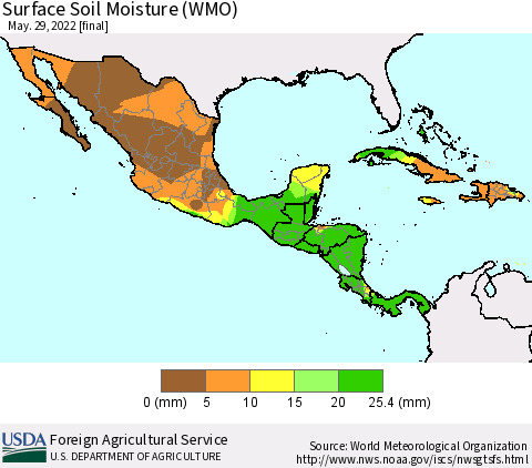 Mexico Central America and the Caribbean Surface Soil Moisture (WMO) Thematic Map For 5/23/2022 - 5/29/2022