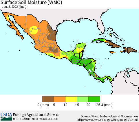 Mexico Central America and the Caribbean Surface Soil Moisture (WMO) Thematic Map For 5/30/2022 - 6/5/2022