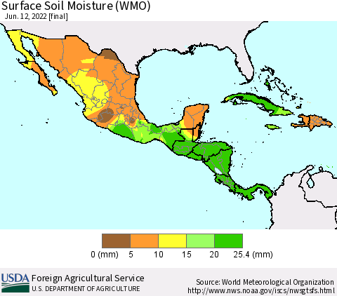 Mexico Central America and the Caribbean Surface Soil Moisture (WMO) Thematic Map For 6/6/2022 - 6/12/2022