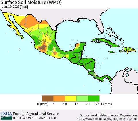 Mexico Central America and the Caribbean Surface Soil Moisture (WMO) Thematic Map For 6/13/2022 - 6/19/2022