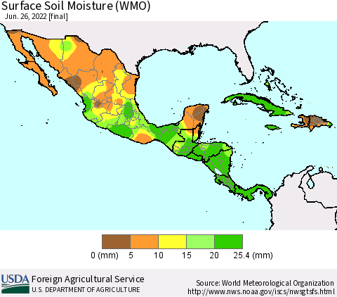 Mexico Central America and the Caribbean Surface Soil Moisture (WMO) Thematic Map For 6/20/2022 - 6/26/2022