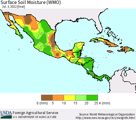 Mexico Central America and the Caribbean Surface Soil Moisture (WMO) Thematic Map For 6/27/2022 - 7/3/2022
