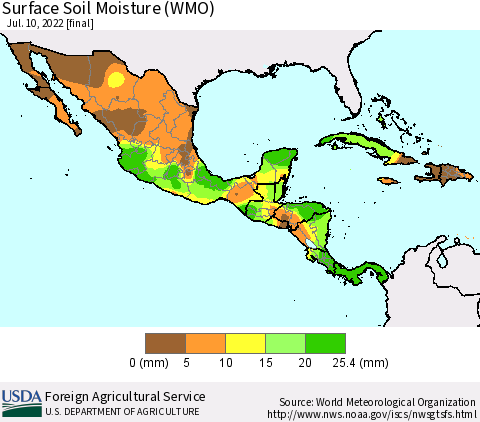 Mexico Central America and the Caribbean Surface Soil Moisture (WMO) Thematic Map For 7/4/2022 - 7/10/2022