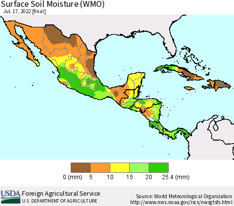 Mexico Central America and the Caribbean Surface Soil Moisture (WMO) Thematic Map For 7/11/2022 - 7/17/2022
