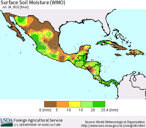 Mexico Central America and the Caribbean Surface Soil Moisture (WMO) Thematic Map For 7/18/2022 - 7/24/2022