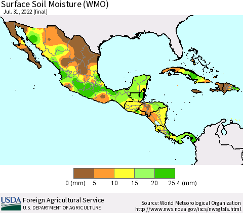 Mexico Central America and the Caribbean Surface Soil Moisture (WMO) Thematic Map For 7/25/2022 - 7/31/2022