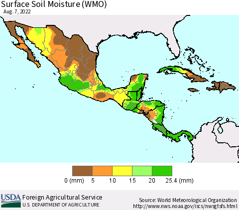 Mexico Central America and the Caribbean Surface Soil Moisture (WMO) Thematic Map For 8/1/2022 - 8/7/2022