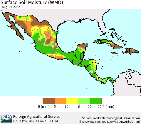 Mexico Central America and the Caribbean Surface Soil Moisture (WMO) Thematic Map For 8/8/2022 - 8/14/2022