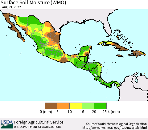 Mexico Central America and the Caribbean Surface Soil Moisture (WMO) Thematic Map For 8/15/2022 - 8/21/2022