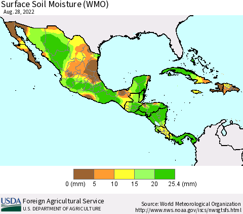 Mexico Central America and the Caribbean Surface Soil Moisture (WMO) Thematic Map For 8/22/2022 - 8/28/2022