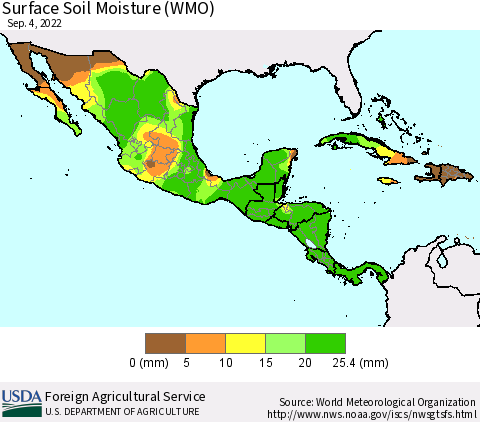 Mexico Central America and the Caribbean Surface Soil Moisture (WMO) Thematic Map For 8/29/2022 - 9/4/2022