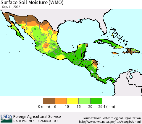 Mexico Central America and the Caribbean Surface Soil Moisture (WMO) Thematic Map For 9/5/2022 - 9/11/2022
