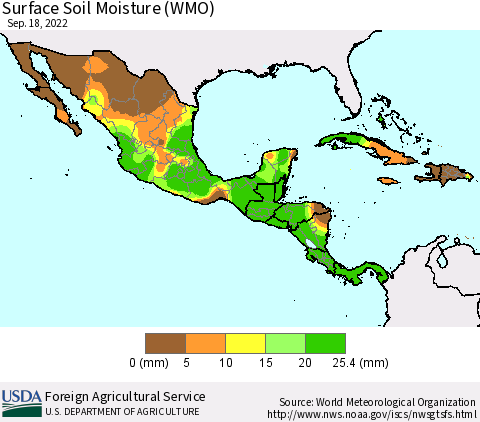 Mexico Central America and the Caribbean Surface Soil Moisture (WMO) Thematic Map For 9/12/2022 - 9/18/2022