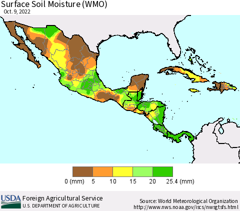 Mexico Central America and the Caribbean Surface Soil Moisture (WMO) Thematic Map For 10/3/2022 - 10/9/2022