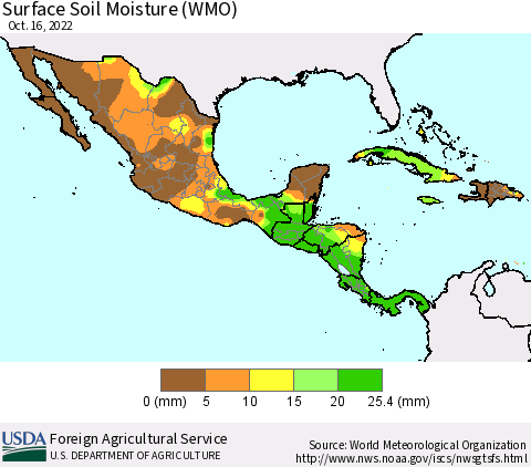 Mexico Central America and the Caribbean Surface Soil Moisture (WMO) Thematic Map For 10/10/2022 - 10/16/2022