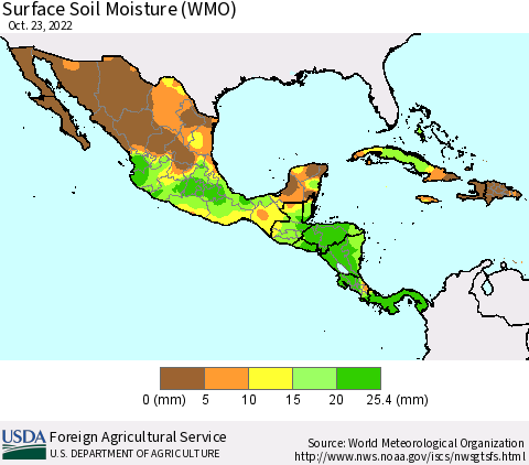 Mexico Central America and the Caribbean Surface Soil Moisture (WMO) Thematic Map For 10/17/2022 - 10/23/2022