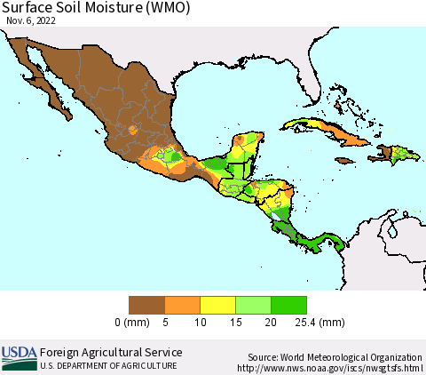 Mexico Central America and the Caribbean Surface Soil Moisture (WMO) Thematic Map For 10/31/2022 - 11/6/2022