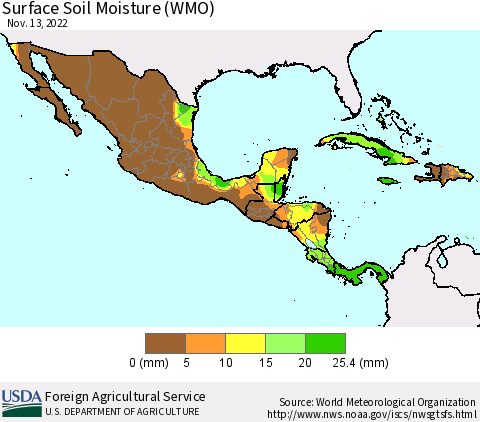 Mexico Central America and the Caribbean Surface Soil Moisture (WMO) Thematic Map For 11/7/2022 - 11/13/2022