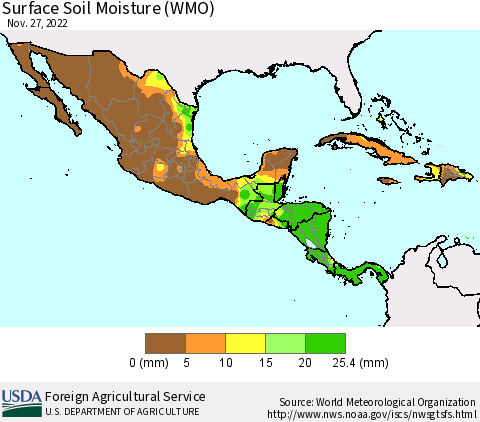 Mexico Central America and the Caribbean Surface Soil Moisture (WMO) Thematic Map For 11/21/2022 - 11/27/2022