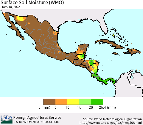 Mexico Central America and the Caribbean Surface Soil Moisture (WMO) Thematic Map For 12/12/2022 - 12/18/2022