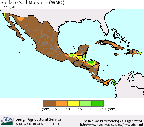 Mexico Central America and the Caribbean Surface Soil Moisture (WMO) Thematic Map For 1/2/2023 - 1/8/2023