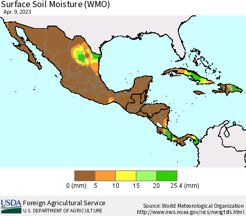 Mexico Central America and the Caribbean Surface Soil Moisture (WMO) Thematic Map For 4/3/2023 - 4/9/2023