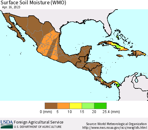 Mexico Central America and the Caribbean Surface Soil Moisture (WMO) Thematic Map For 4/10/2023 - 4/16/2023