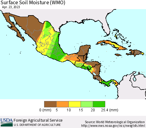 Mexico Central America and the Caribbean Surface Soil Moisture (WMO) Thematic Map For 4/17/2023 - 4/23/2023