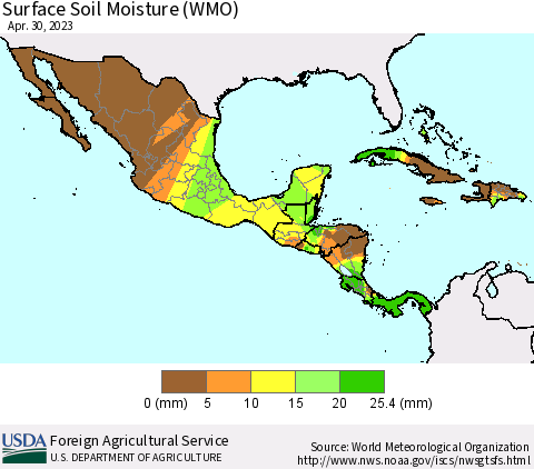 Mexico Central America and the Caribbean Surface Soil Moisture (WMO) Thematic Map For 4/24/2023 - 4/30/2023