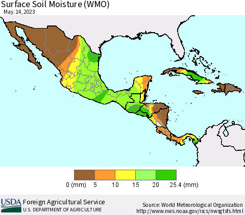 Mexico Central America and the Caribbean Surface Soil Moisture (WMO) Thematic Map For 5/8/2023 - 5/14/2023