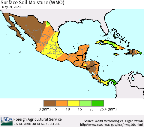 Mexico Central America and the Caribbean Surface Soil Moisture (WMO) Thematic Map For 5/15/2023 - 5/21/2023