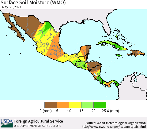 Mexico Central America and the Caribbean Surface Soil Moisture (WMO) Thematic Map For 5/22/2023 - 5/28/2023