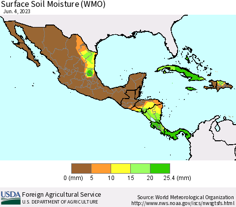 Mexico Central America and the Caribbean Surface Soil Moisture (WMO) Thematic Map For 5/29/2023 - 6/4/2023