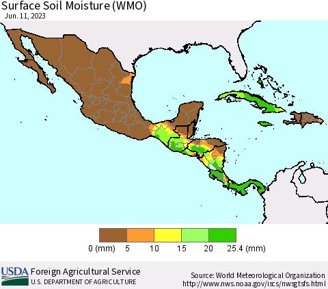 Mexico Central America and the Caribbean Surface Soil Moisture (WMO) Thematic Map For 6/5/2023 - 6/11/2023