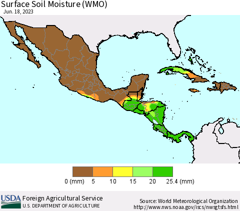 Mexico Central America and the Caribbean Surface Soil Moisture (WMO) Thematic Map For 6/12/2023 - 6/18/2023
