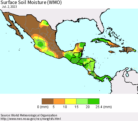 Mexico Central America and the Caribbean Surface Soil Moisture (WMO) Thematic Map For 6/26/2023 - 7/2/2023