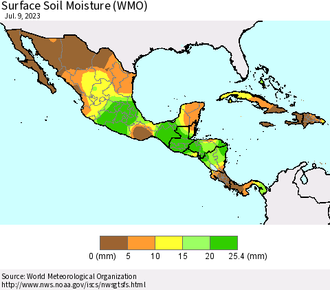 Mexico Central America and the Caribbean Surface Soil Moisture (WMO) Thematic Map For 7/3/2023 - 7/9/2023