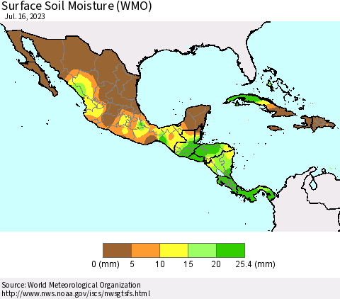 Mexico Central America and the Caribbean Surface Soil Moisture (WMO) Thematic Map For 7/10/2023 - 7/16/2023