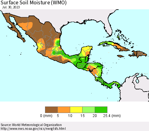 Mexico Central America and the Caribbean Surface Soil Moisture (WMO) Thematic Map For 7/24/2023 - 7/30/2023