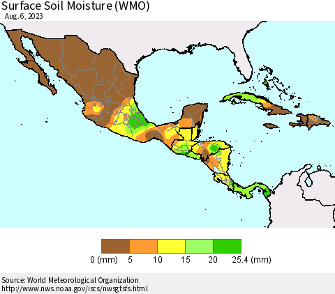 Mexico Central America and the Caribbean Surface Soil Moisture (WMO) Thematic Map For 7/31/2023 - 8/6/2023