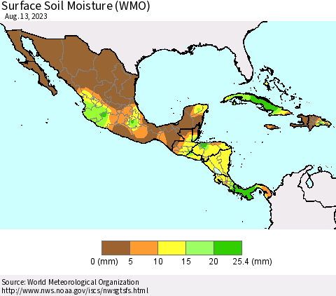 Mexico Central America and the Caribbean Surface Soil Moisture (WMO) Thematic Map For 8/7/2023 - 8/13/2023