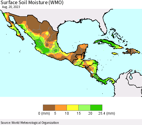 Mexico Central America and the Caribbean Surface Soil Moisture (WMO) Thematic Map For 8/14/2023 - 8/20/2023