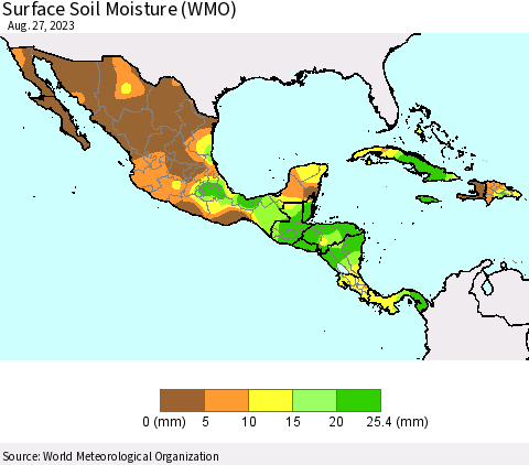 Mexico Central America and the Caribbean Surface Soil Moisture (WMO) Thematic Map For 8/21/2023 - 8/27/2023