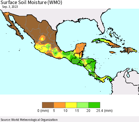 Mexico Central America and the Caribbean Surface Soil Moisture (WMO) Thematic Map For 8/28/2023 - 9/3/2023