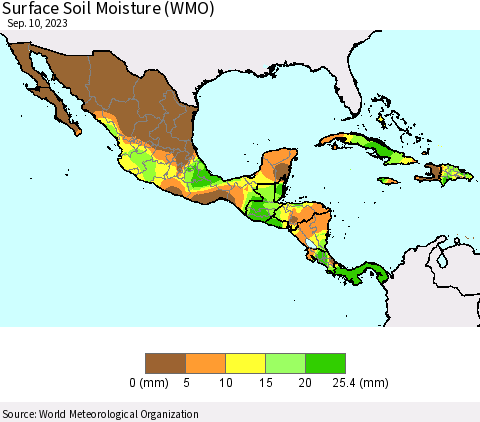 Mexico Central America and the Caribbean Surface Soil Moisture (WMO) Thematic Map For 9/4/2023 - 9/10/2023