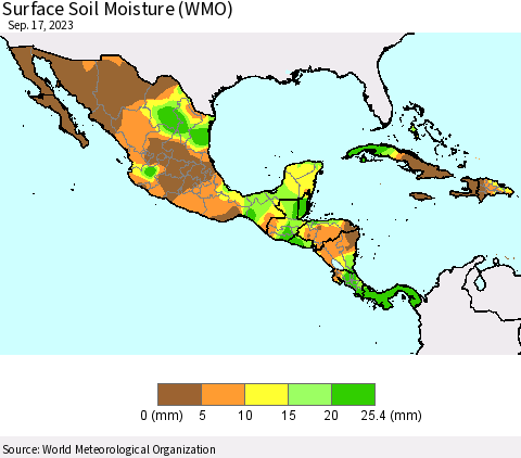 Mexico Central America and the Caribbean Surface Soil Moisture (WMO) Thematic Map For 9/11/2023 - 9/17/2023