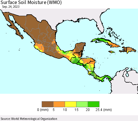 Mexico Central America and the Caribbean Surface Soil Moisture (WMO) Thematic Map For 9/18/2023 - 9/24/2023