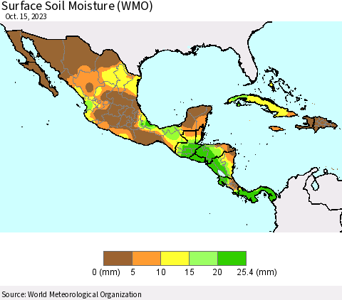 Mexico Central America and the Caribbean Surface Soil Moisture (WMO) Thematic Map For 10/9/2023 - 10/15/2023
