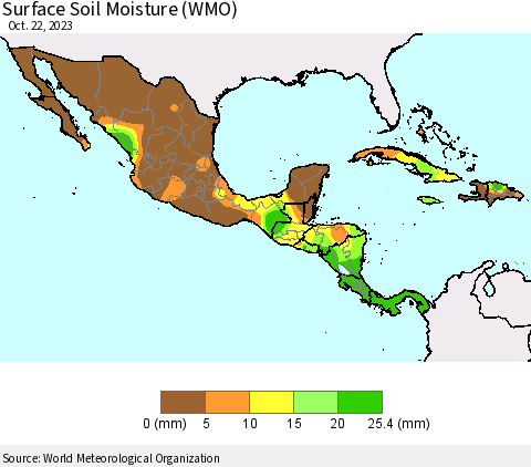 Mexico Central America and the Caribbean Surface Soil Moisture (WMO) Thematic Map For 10/16/2023 - 10/22/2023