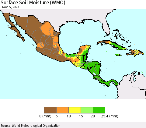 Mexico Central America and the Caribbean Surface Soil Moisture (WMO) Thematic Map For 10/30/2023 - 11/5/2023